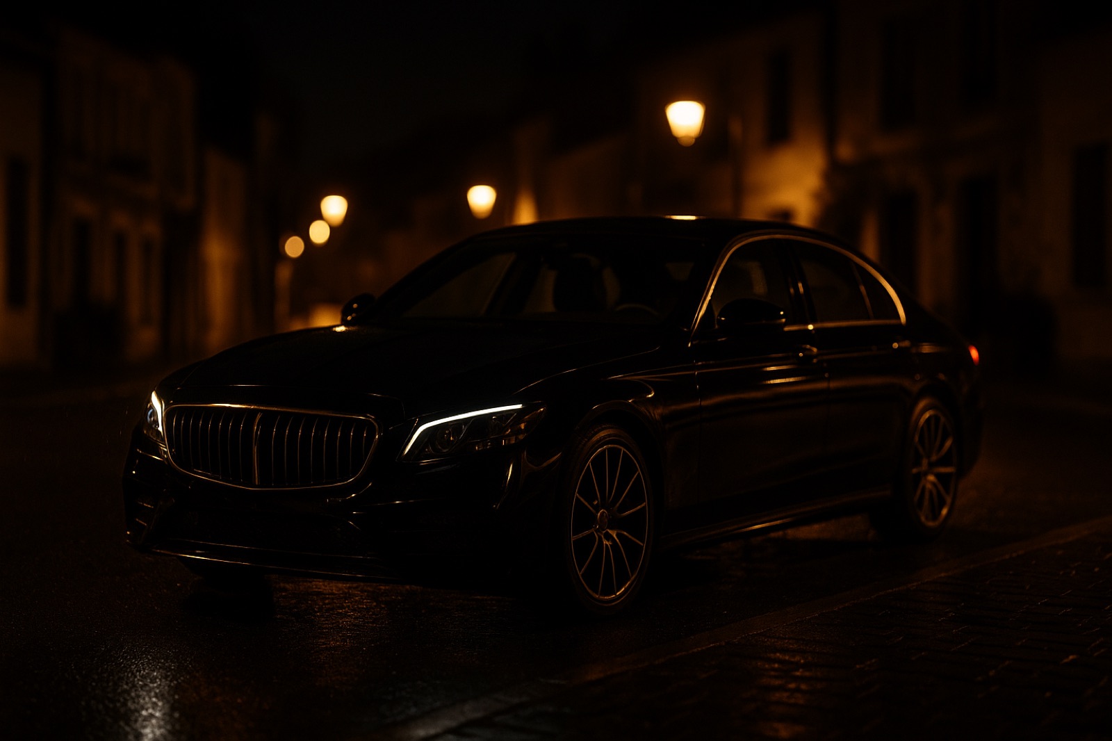 Berline noire de nuit dans une rue du Loiret, reflets dorés