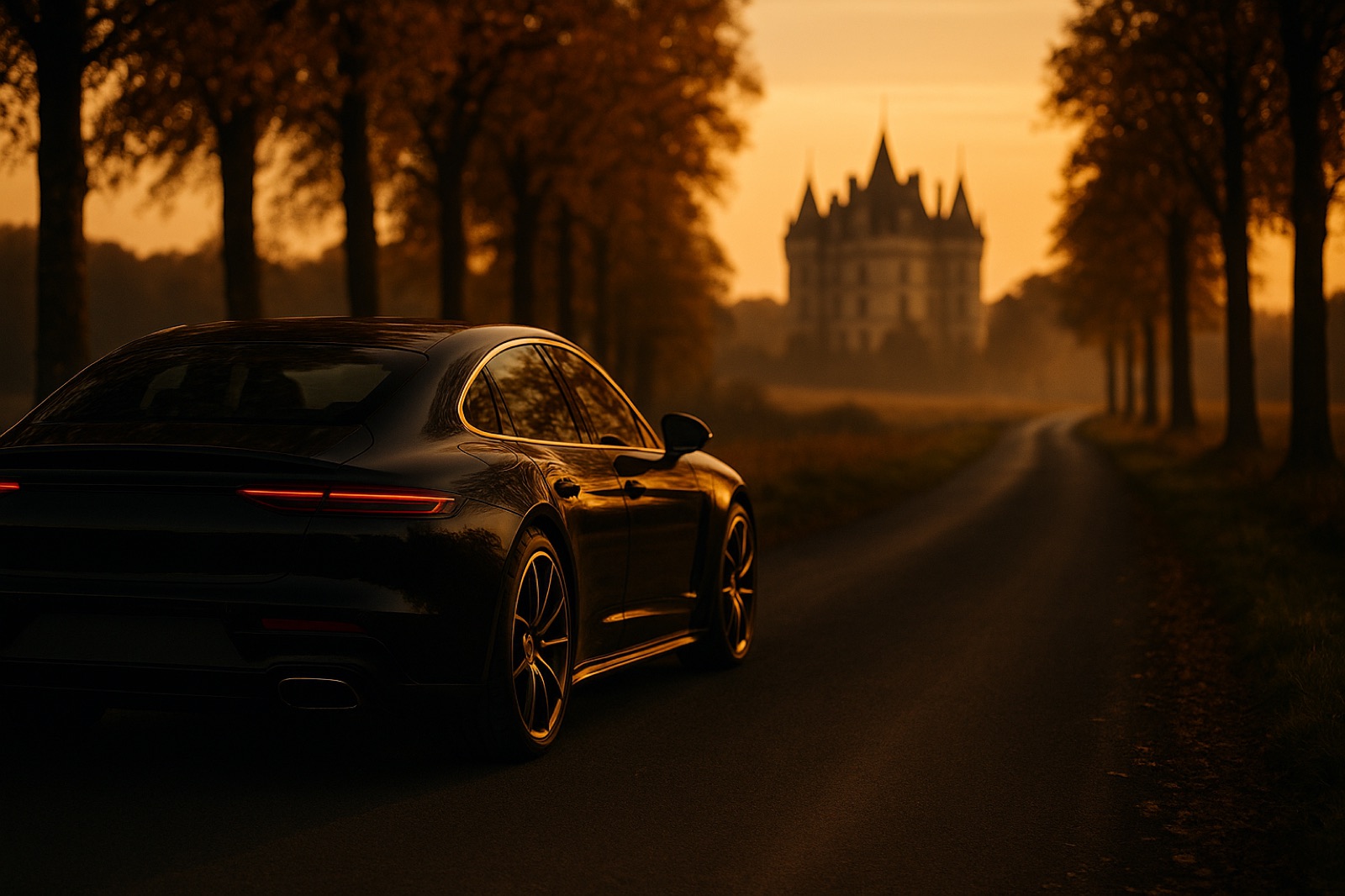 Berline noire sur une route de campagne au coucher du soleil, château de la Loire au loin